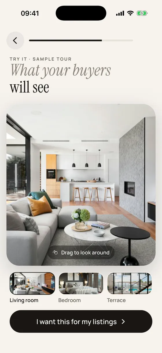 App screen with the 360° tour of a living room and the other rooms below