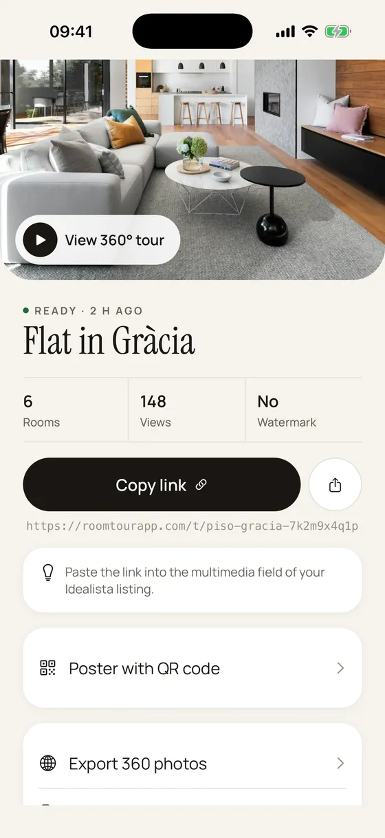 A tour in the app: views, link to copy and QR poster