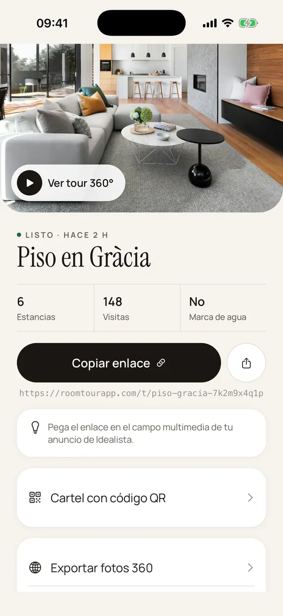 Ficha de un tour en la app: visitas, enlace para copiar y cartel con código QR