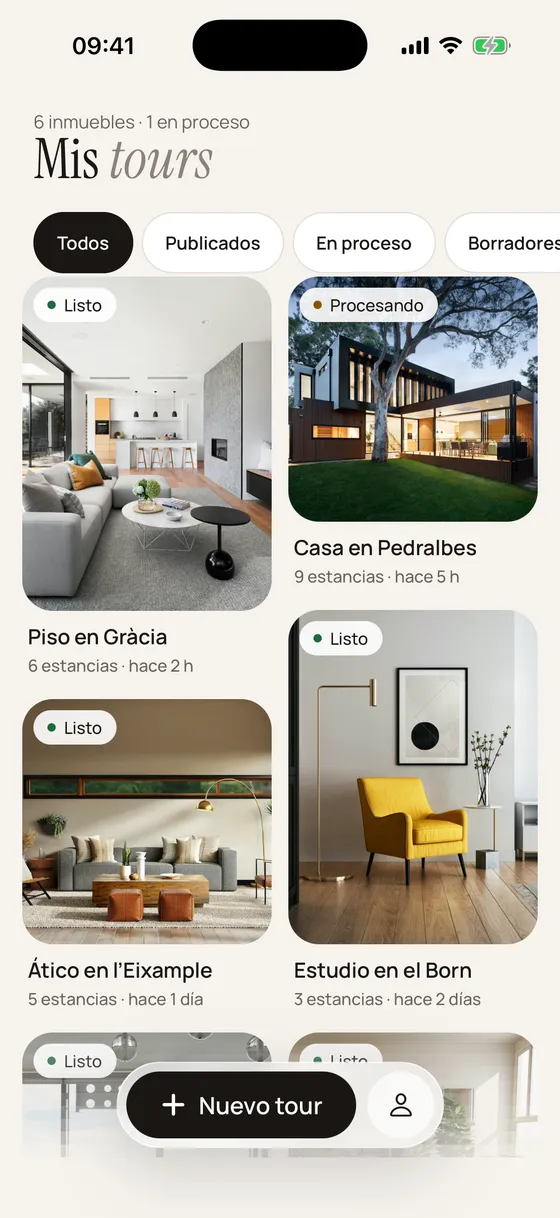 Lista de tours en la app con su estado