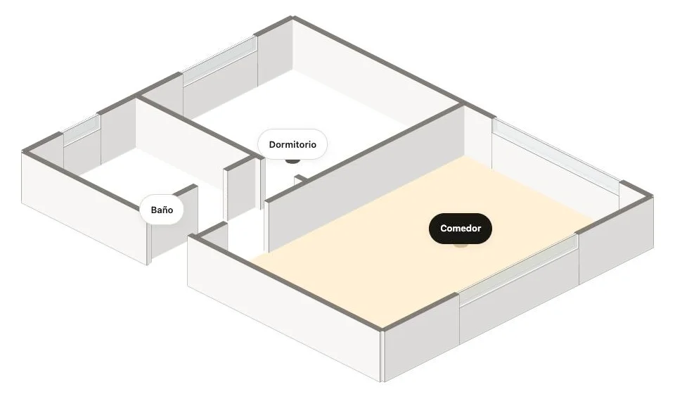3D model of an example property with a dining room, bedroom and bathroom