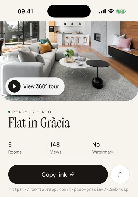 A tour in the RoomTour app: views, share link and QR poster