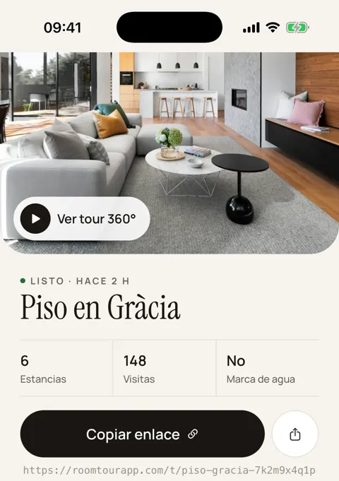 Ficha de un tour en la app RoomTour: visitas, enlace para compartir y cartel con código QR